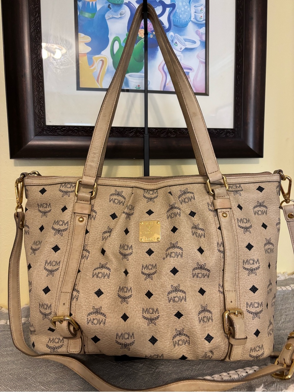 MCM Beige Logo Monogram Tote with Gold Plaque